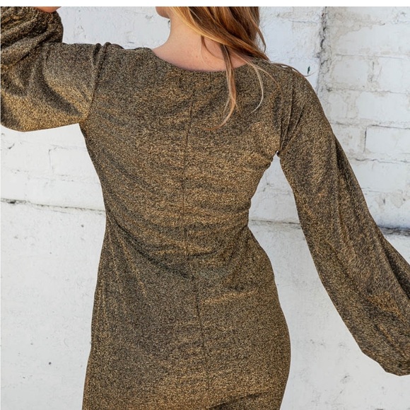 SUGARFOX V Neck Bubble Sleeve Gold Glitter Bodycon Dress size 2x NWOT - Picture 5 of 8